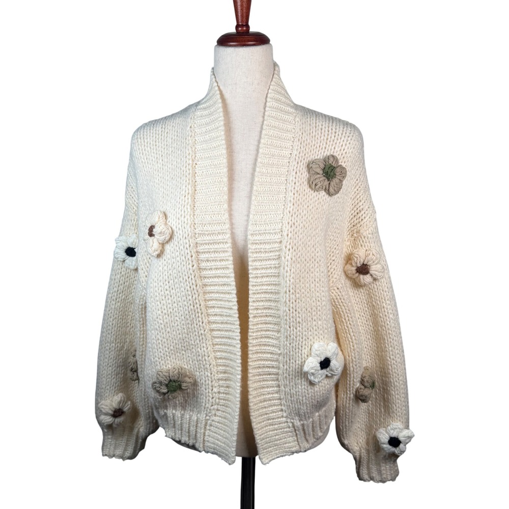 Duchamp Cream Chunky Knit Cardigan 3D Flower Applique Cozy Boho Artsy Womens
